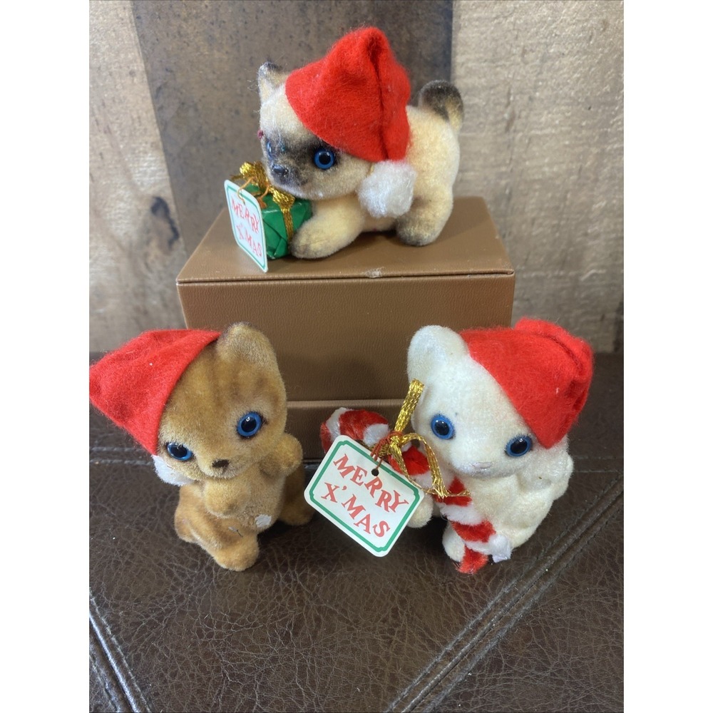 Vintage Josef‎ Originals Flocked Christmas Kittens Japan Santa Hats Candy Cane